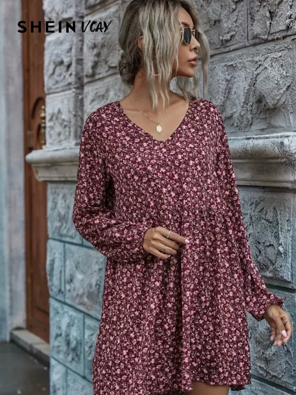 Burgundy Floral Long Sleeve Tunic Dress - Picture 1 of 6